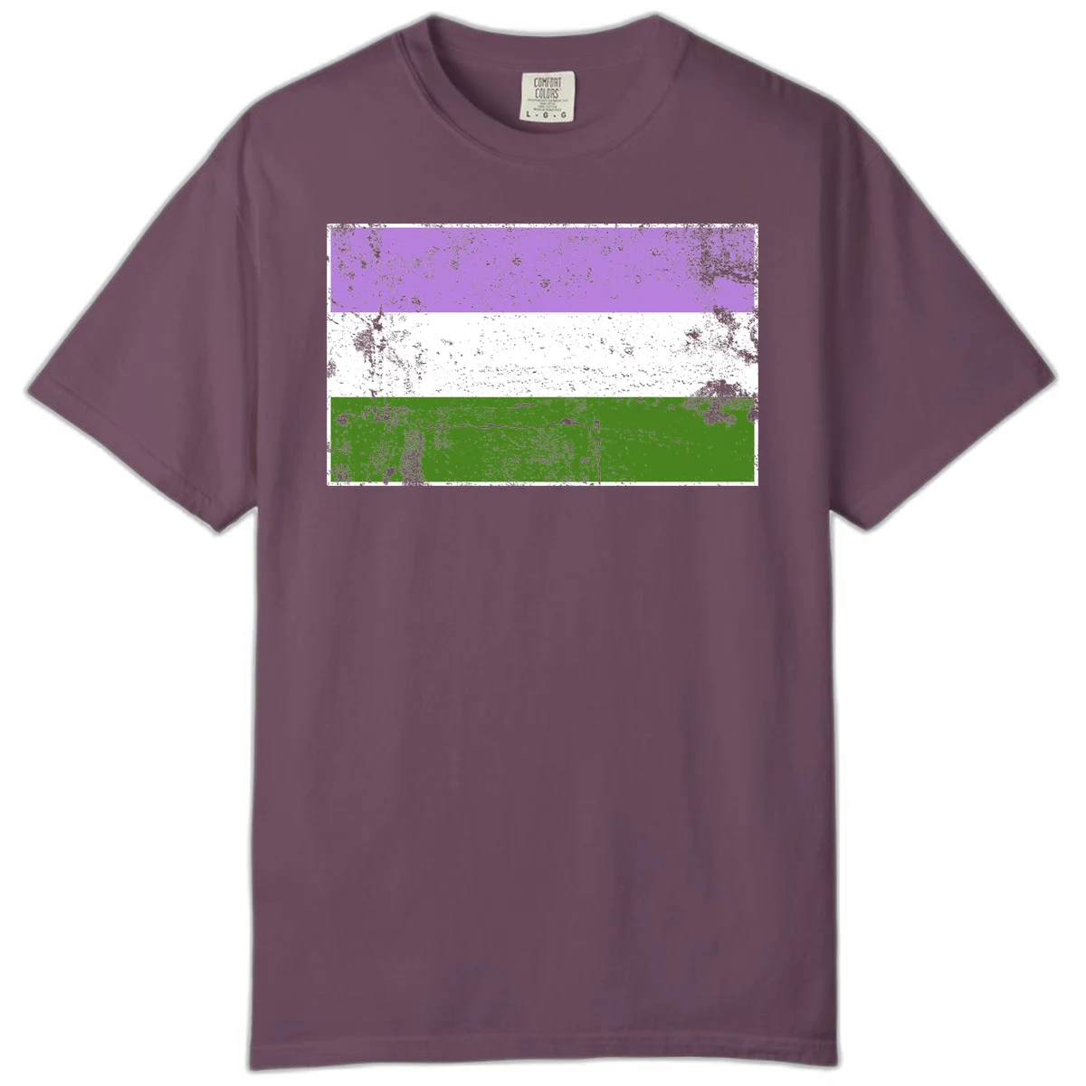 Genderqueer pride flag with purple, white, and green horizontal stripes featuring distressed grunge texture overlay in Berry
