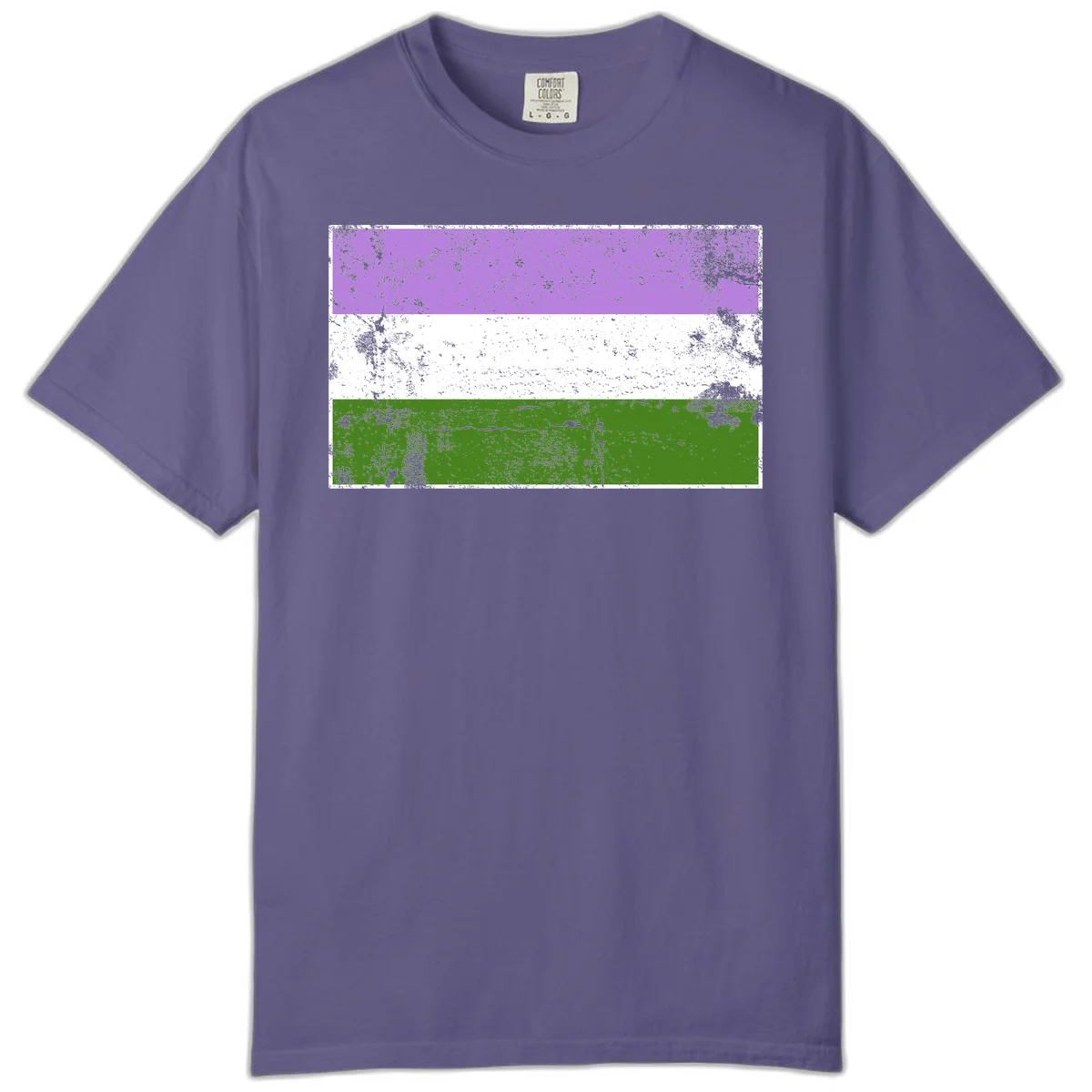 Genderqueer pride flag with purple, white, and green horizontal stripes featuring distressed grunge texture overlay in Grape