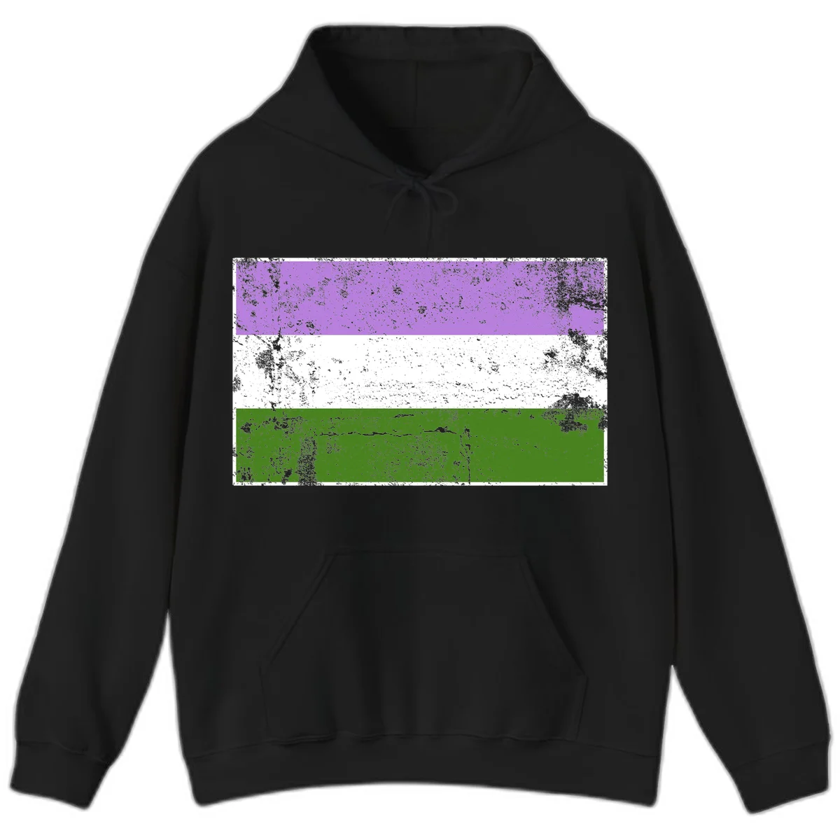 Genderqueer pride flag with purple, white, and green horizontal stripes featuring distressed grunge texture overlay in Black
