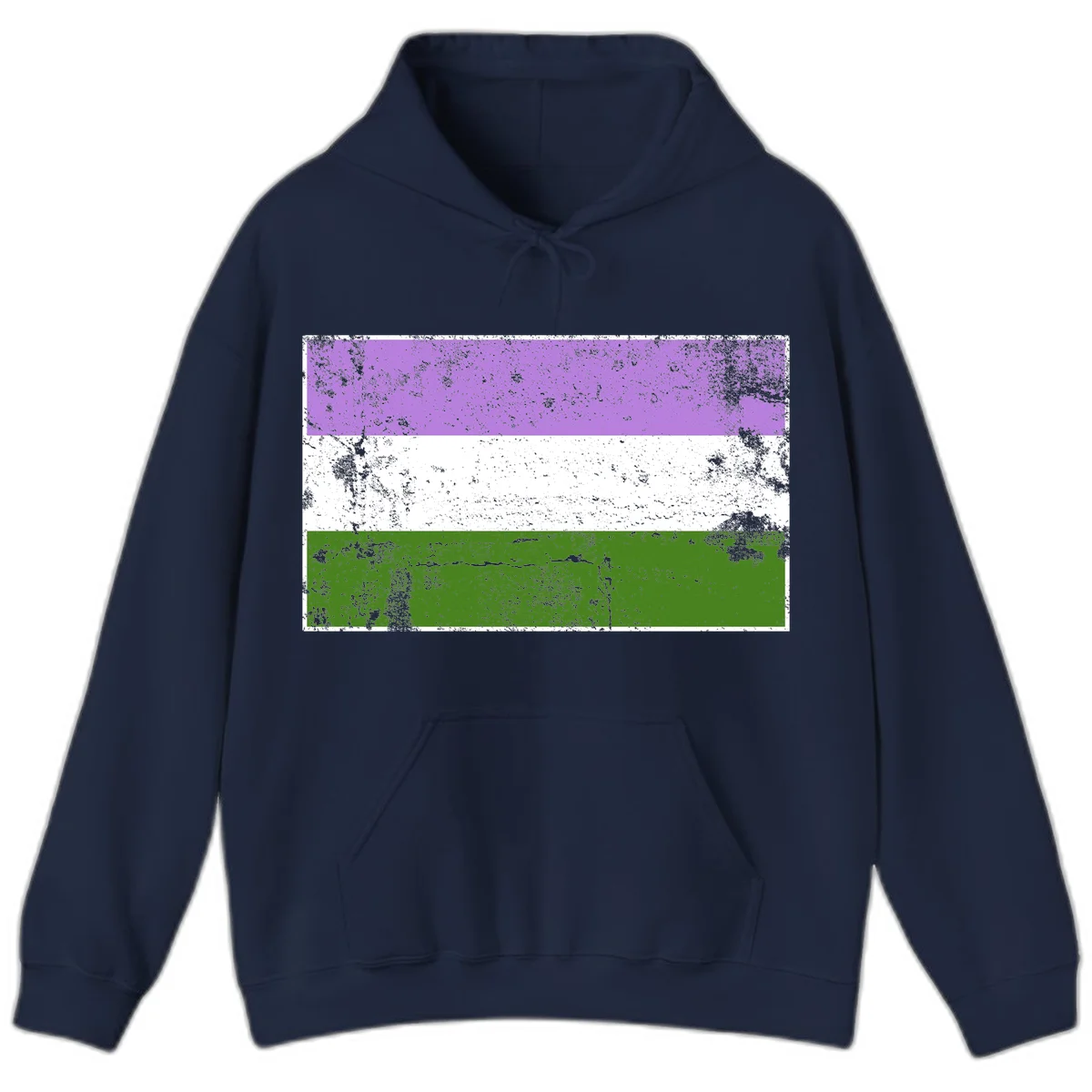 Genderqueer pride flag with purple, white, and green horizontal stripes featuring distressed grunge texture overlay in Navy
