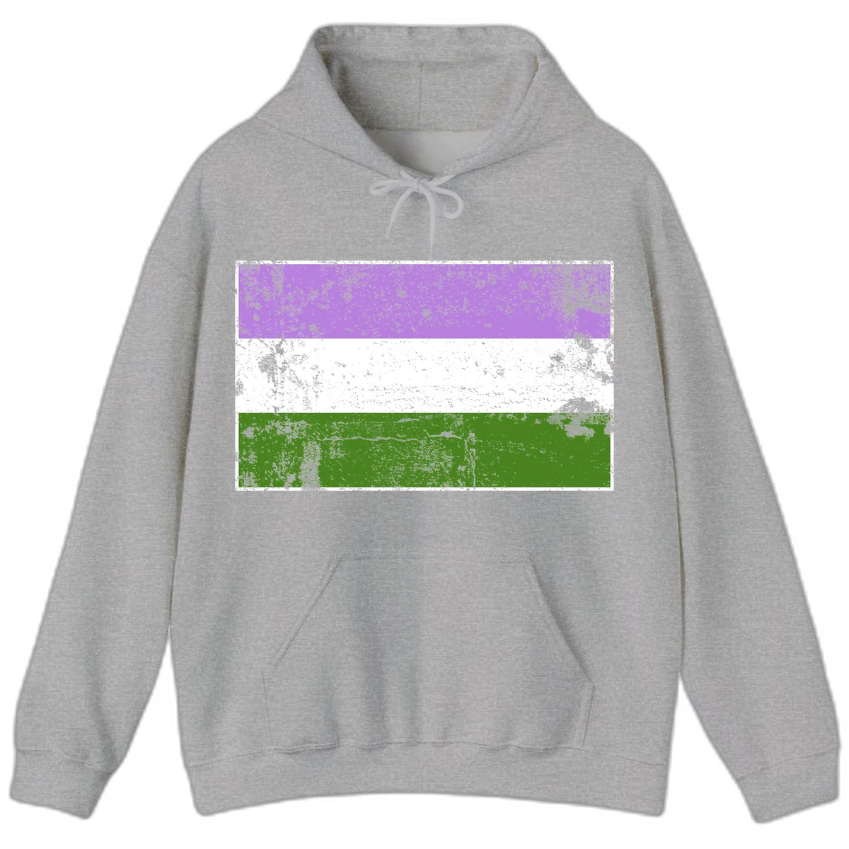 Genderqueer pride flag with purple, white, and green horizontal stripes featuring distressed grunge texture overlay in Sport Grey
