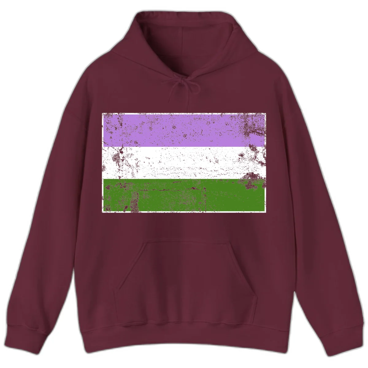 Genderqueer pride flag with purple, white, and green horizontal stripes featuring distressed grunge texture overlay in Maroon