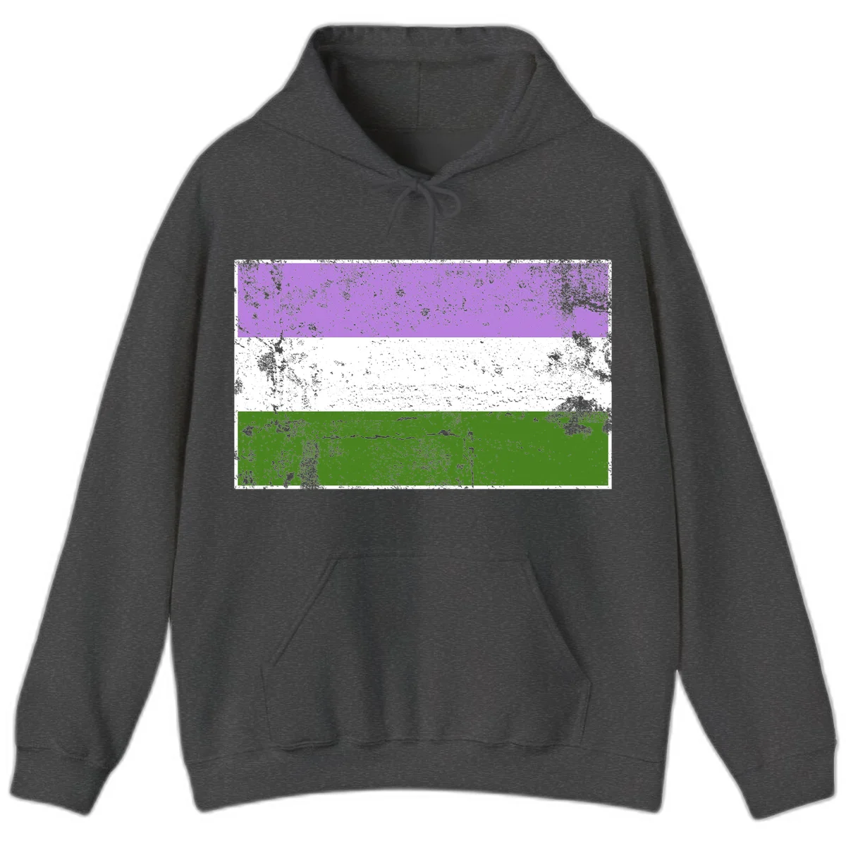 Genderqueer pride flag with purple, white, and green horizontal stripes featuring distressed grunge texture overlay in Dark Heather