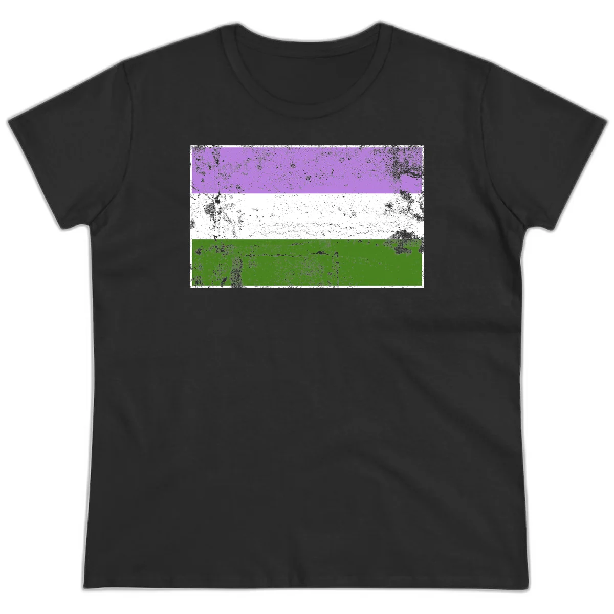 Genderqueer pride flag with purple, white, and green horizontal stripes featuring distressed grunge texture overlay in Black