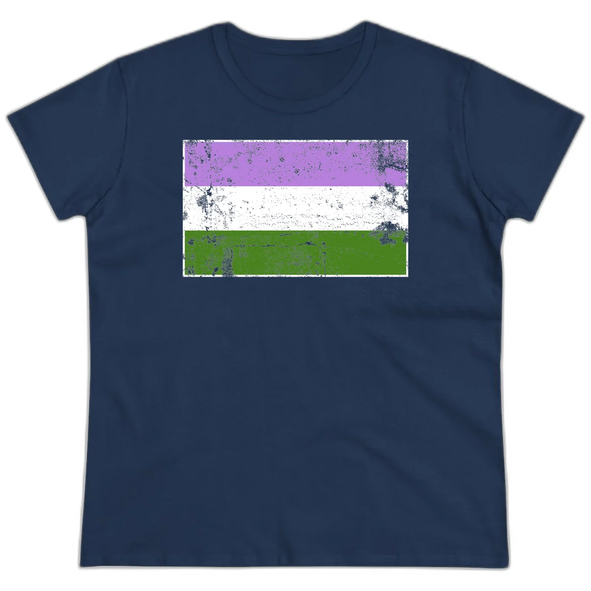 Genderqueer pride flag with purple, white, and green horizontal stripes featuring distressed grunge texture overlay in Navy