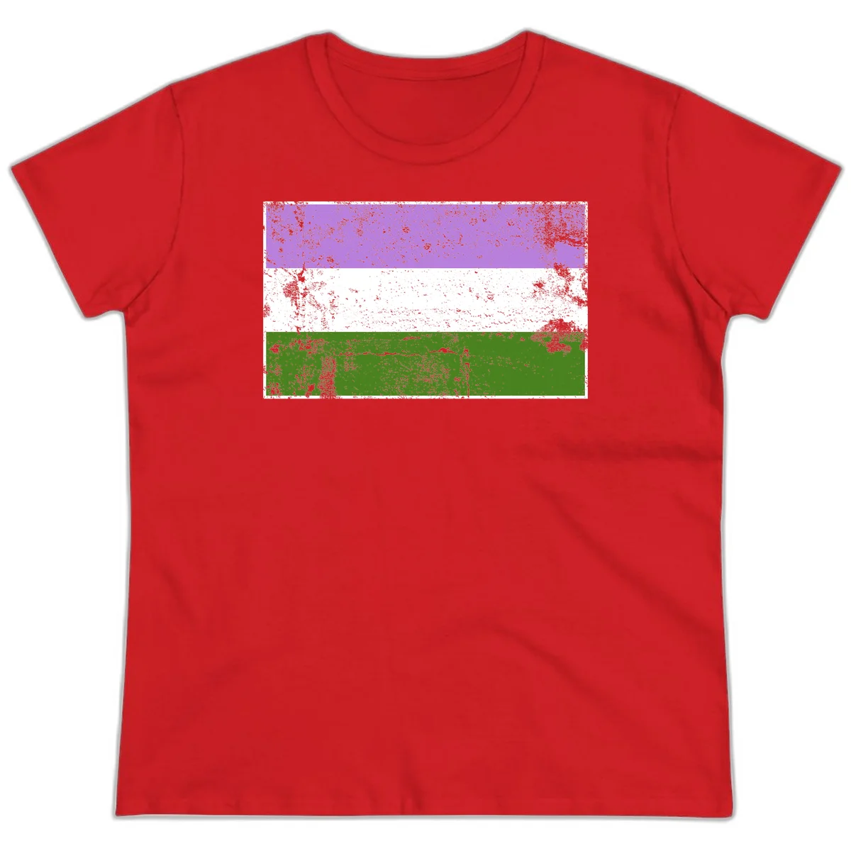 Genderqueer pride flag with purple, white, and green horizontal stripes featuring distressed grunge texture overlay in Red