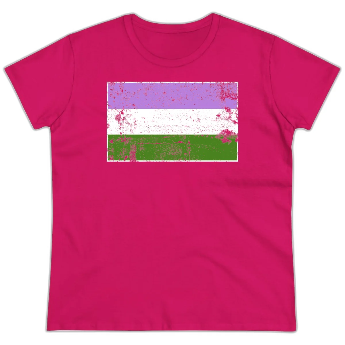 Genderqueer pride flag with purple, white, and green horizontal stripes featuring distressed grunge texture overlay in Heliconia