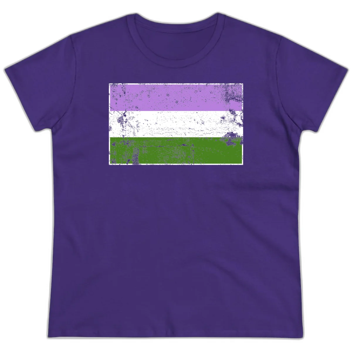 Genderqueer pride flag with purple, white, and green horizontal stripes featuring distressed grunge texture overlay in Purple