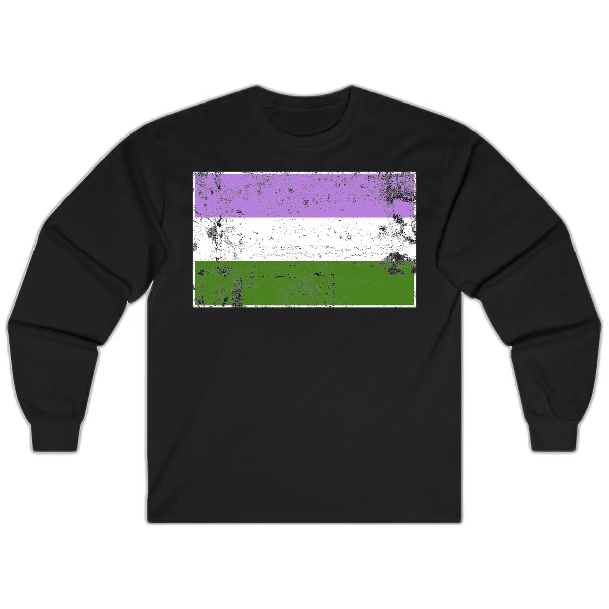 Genderqueer pride flag with purple, white, and green horizontal stripes featuring distressed grunge texture overlay in Black