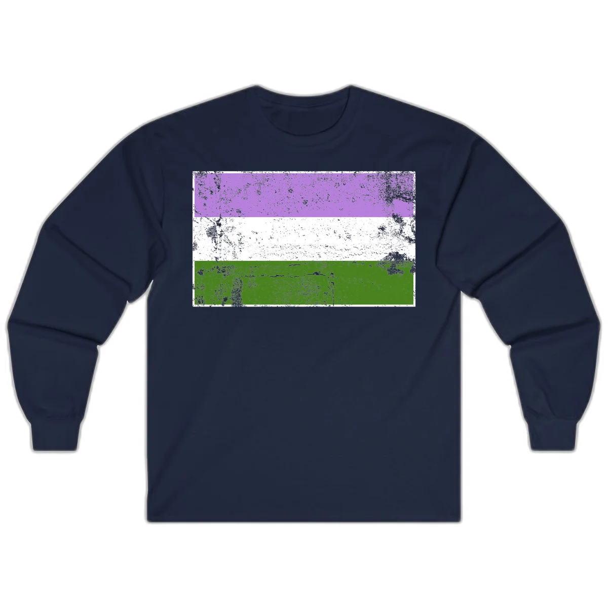 Genderqueer pride flag with purple, white, and green horizontal stripes featuring distressed grunge texture overlay in Navy