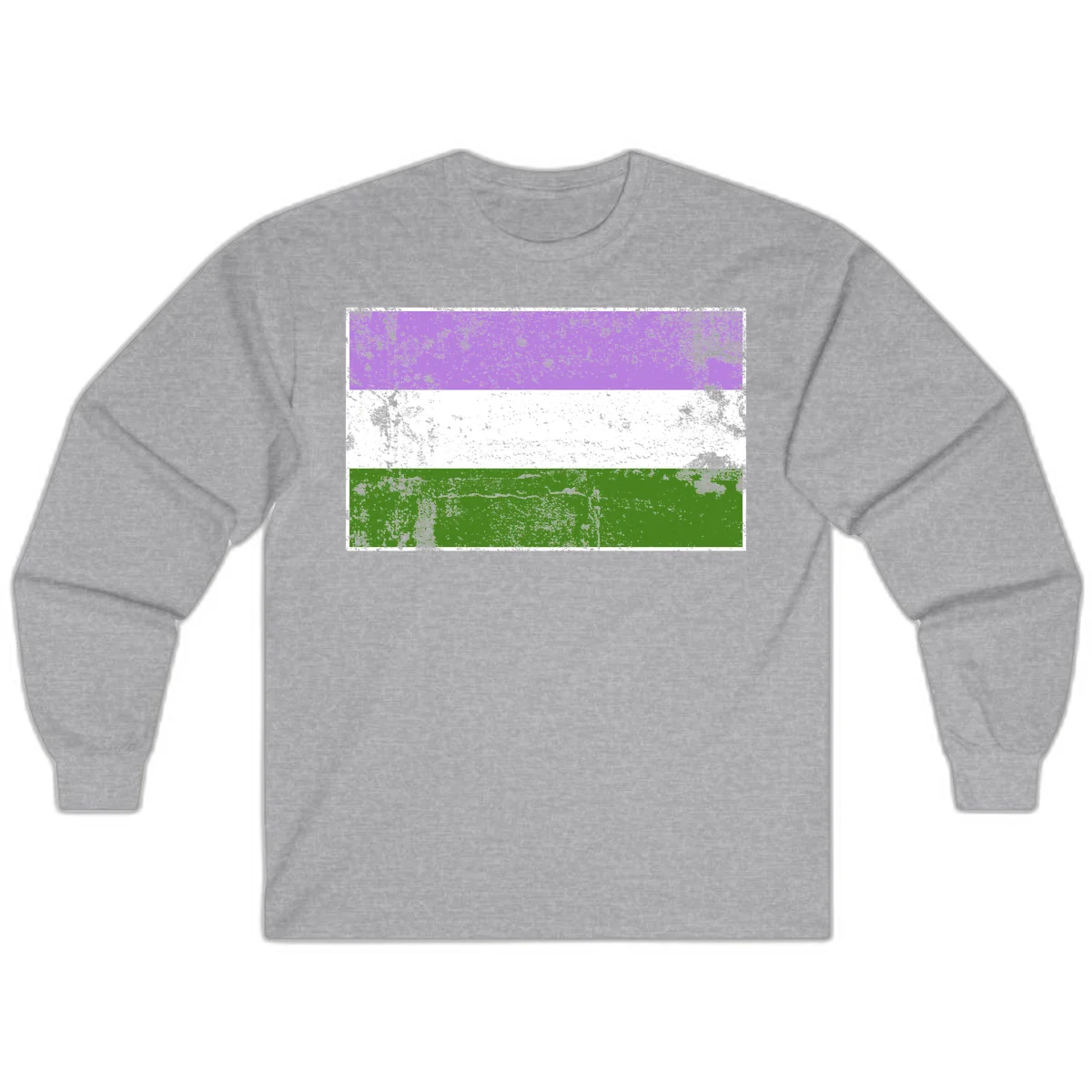 Genderqueer pride flag with purple, white, and green horizontal stripes featuring distressed grunge texture overlay in Sport Grey