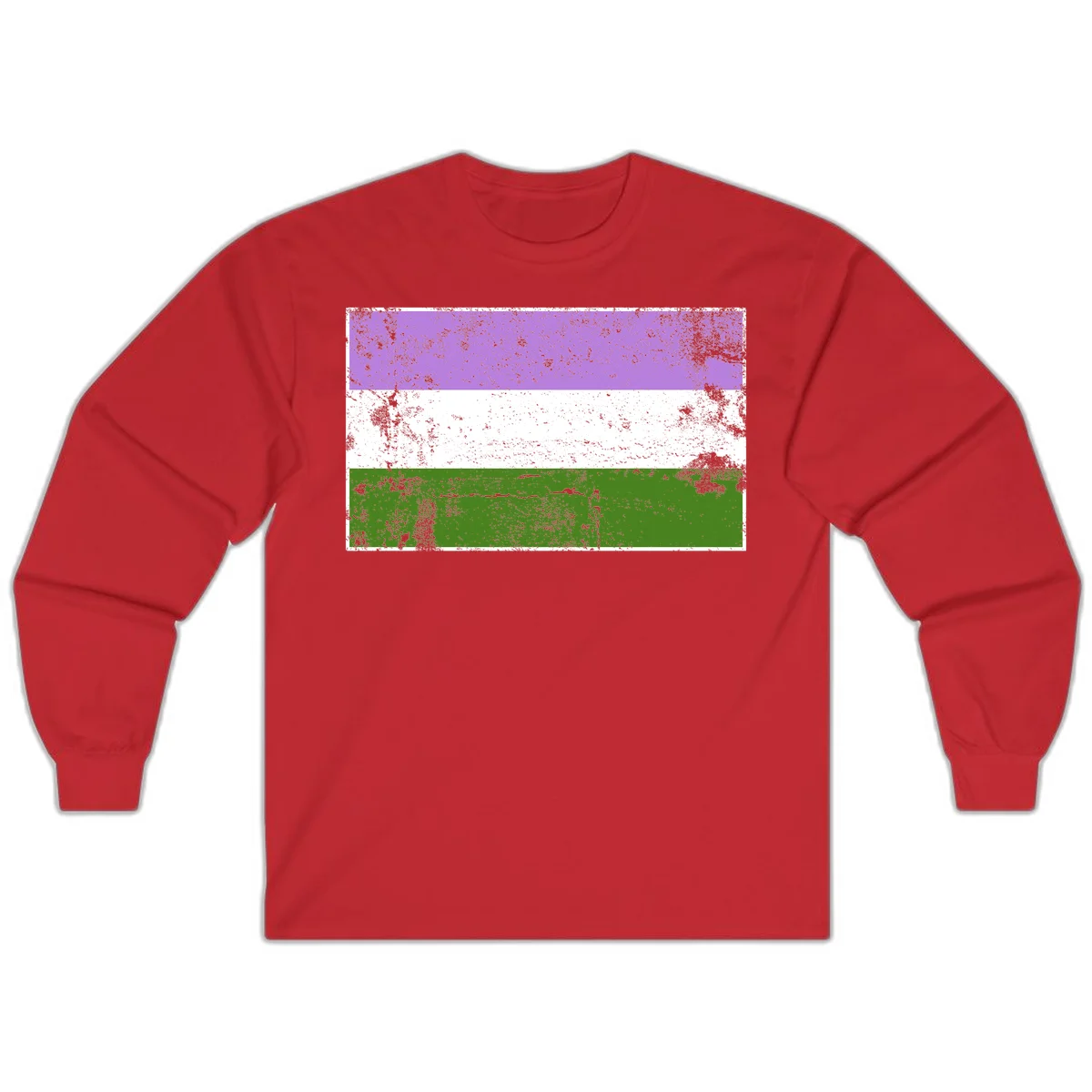 Genderqueer pride flag with purple, white, and green horizontal stripes featuring distressed grunge texture overlay in Red