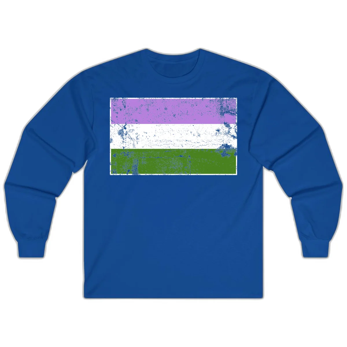 Genderqueer pride flag with purple, white, and green horizontal stripes featuring distressed grunge texture overlay in Royal
