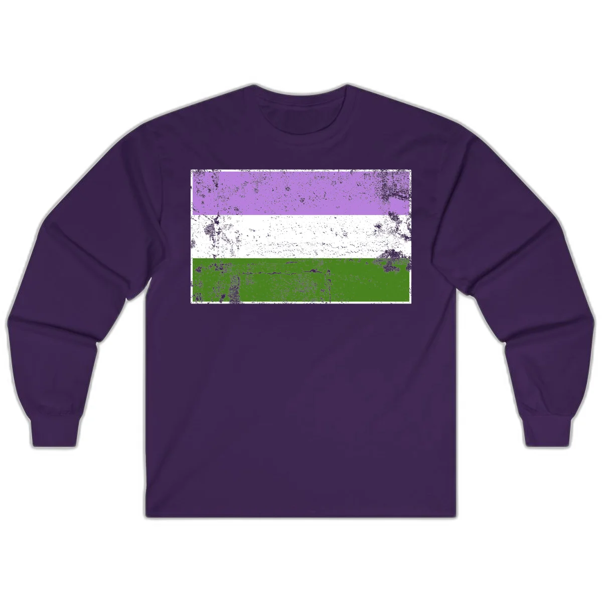 Genderqueer pride flag with purple, white, and green horizontal stripes featuring distressed grunge texture overlay in Purple
