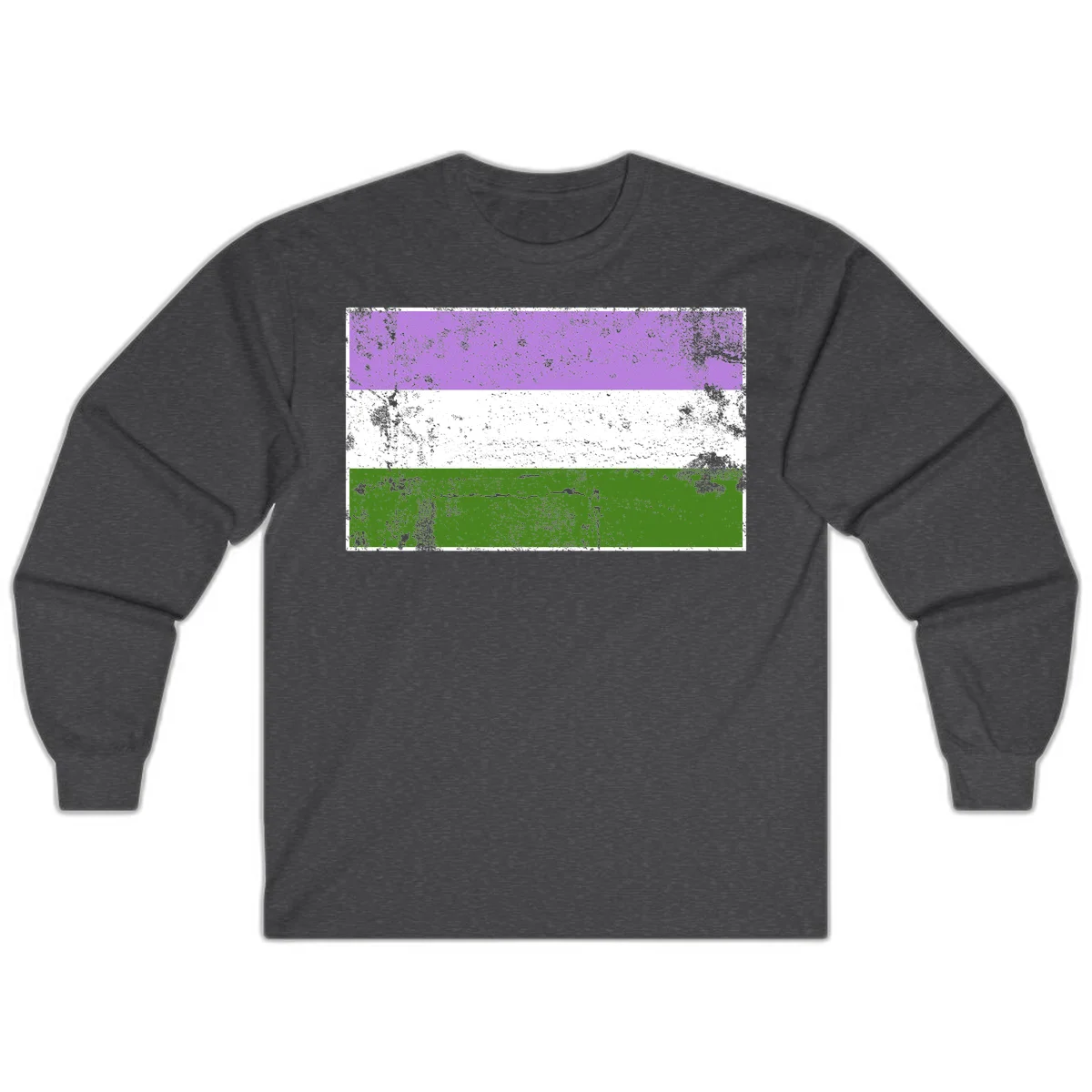 Genderqueer pride flag with purple, white, and green horizontal stripes featuring distressed grunge texture overlay in Dark Heather