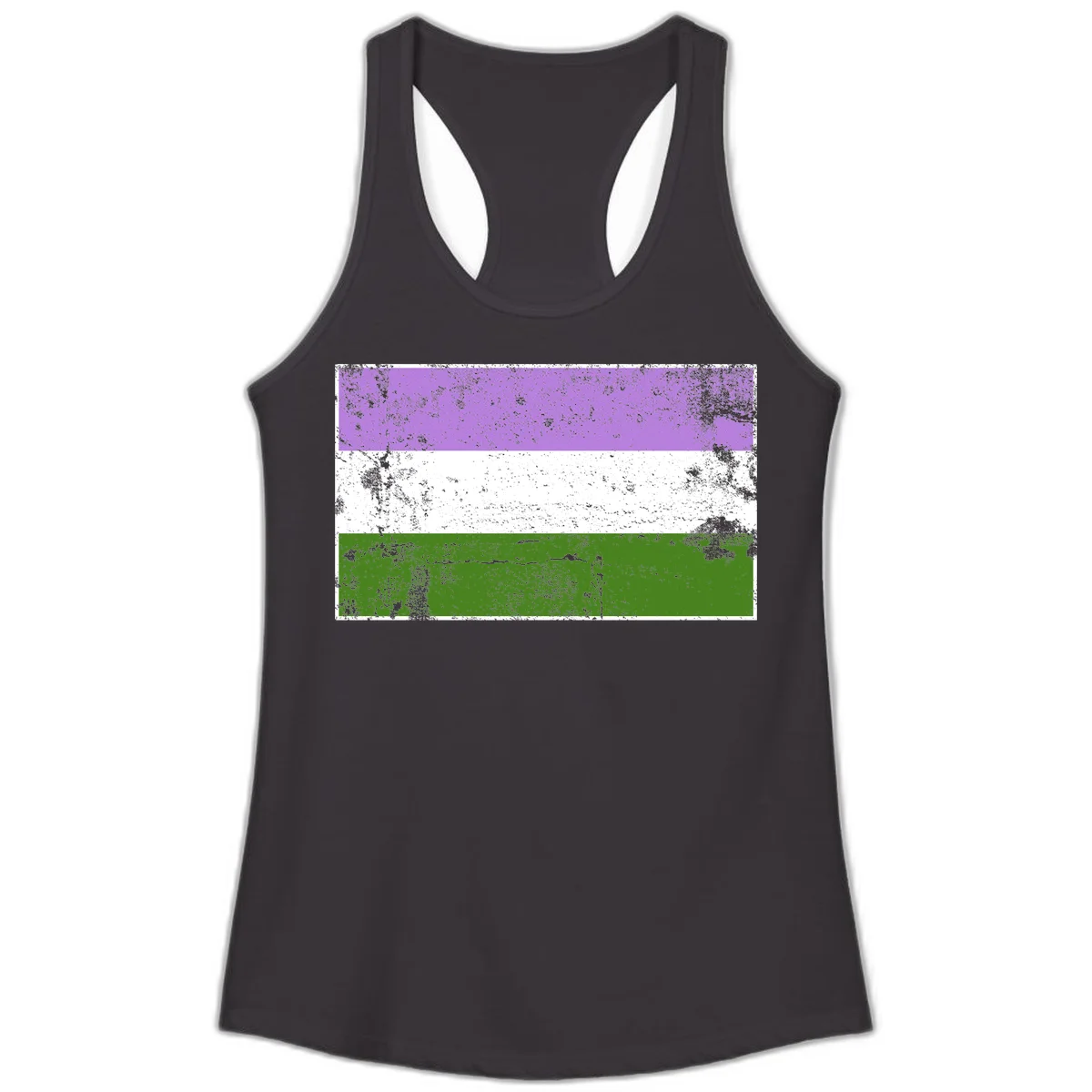Genderqueer pride flag with purple, white, and green horizontal stripes featuring distressed grunge texture overlay in Black