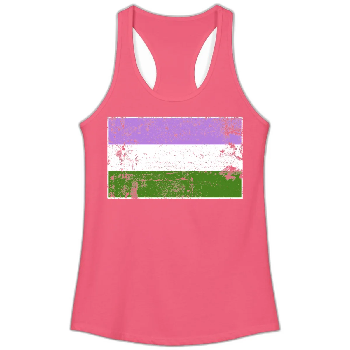 Genderqueer pride flag with purple, white, and green horizontal stripes featuring distressed grunge texture overlay in Hot Pink