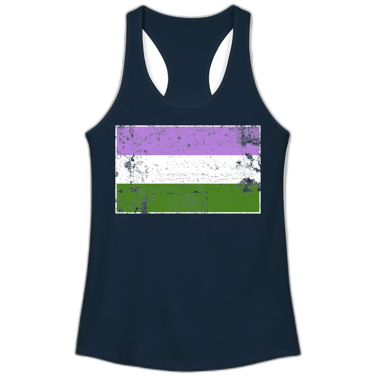 Genderqueer pride flag with purple, white, and green horizontal stripes featuring distressed grunge texture overlay in Solid Midnight Navy
