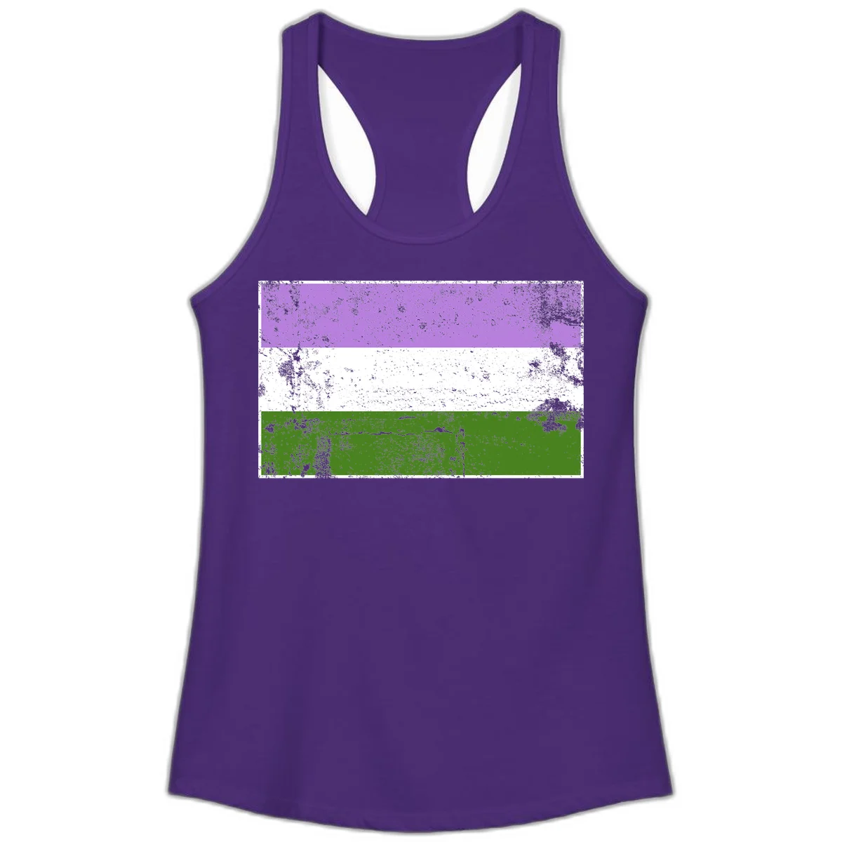 Genderqueer pride flag with purple, white, and green horizontal stripes featuring distressed grunge texture overlay in Solid Purple Rush