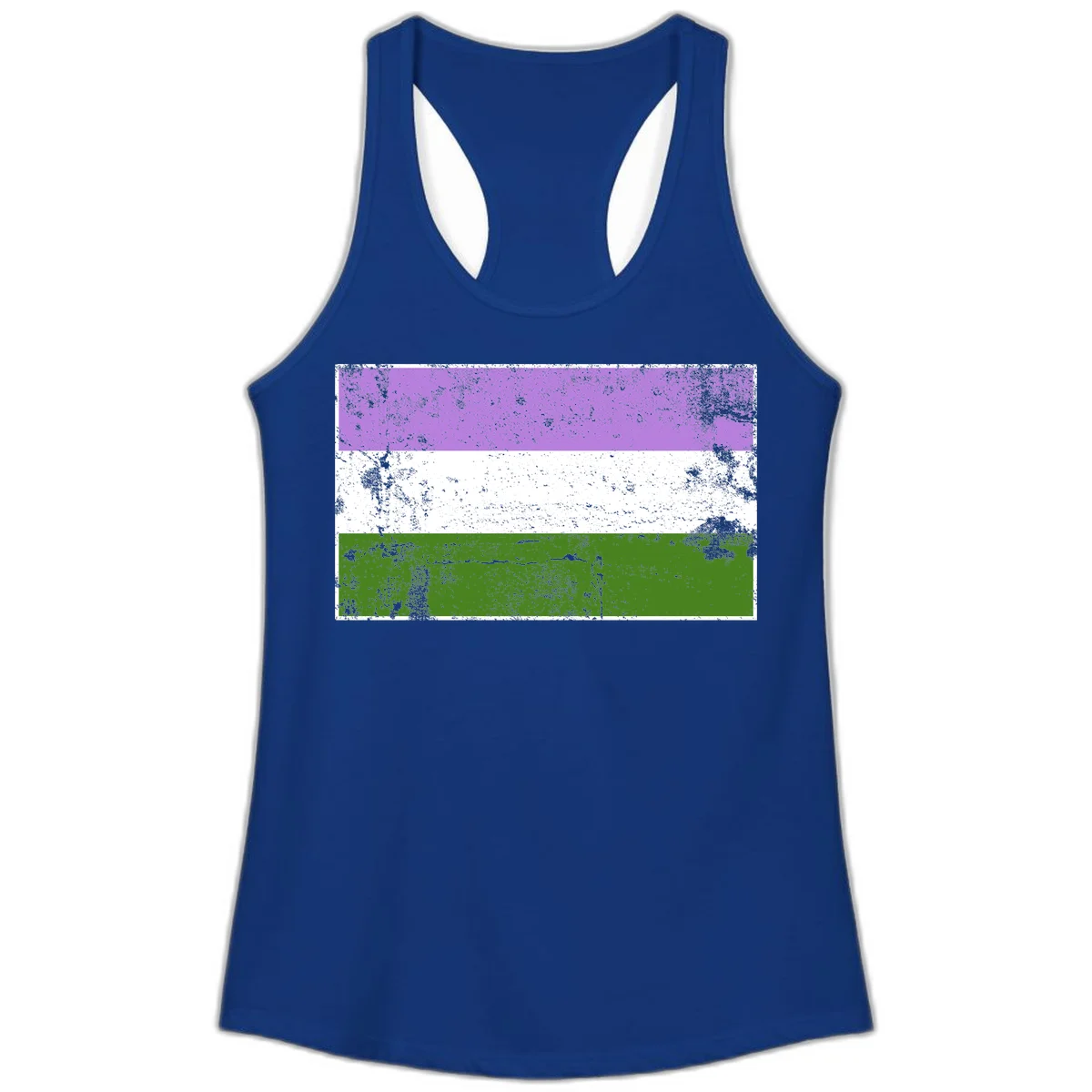 Genderqueer pride flag with purple, white, and green horizontal stripes featuring distressed grunge texture overlay in Solid Royal