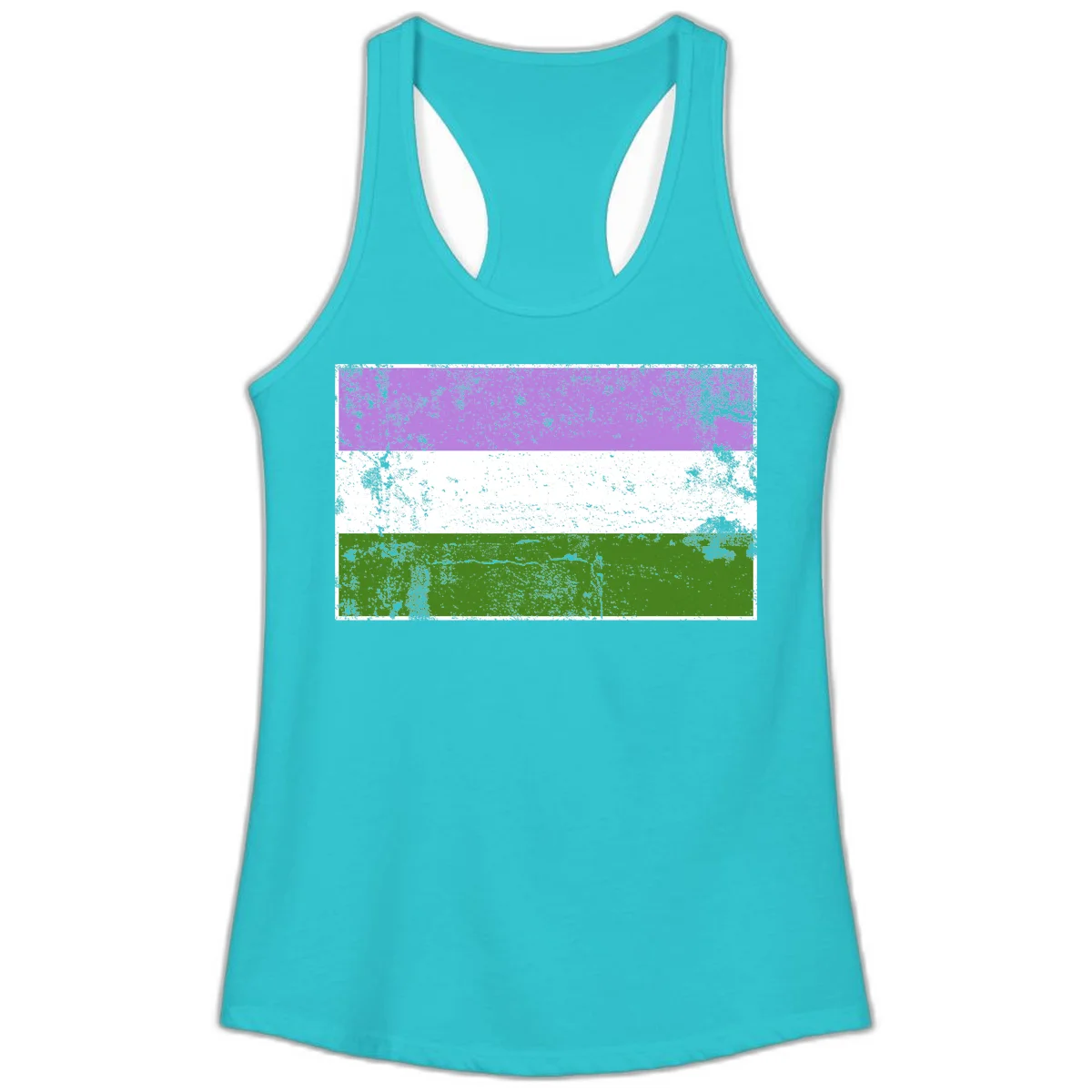 Genderqueer pride flag with purple, white, and green horizontal stripes featuring distressed grunge texture overlay in Solid Tahiti Blue