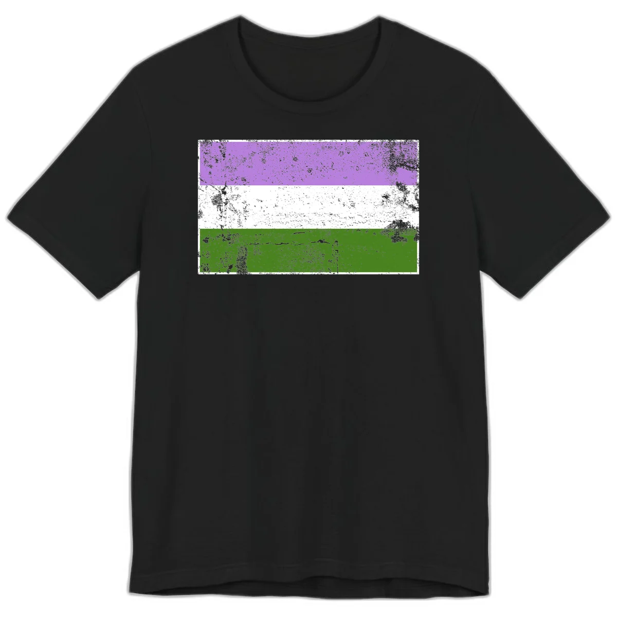 Genderqueer pride flag with purple, white, and green horizontal stripes featuring distressed grunge texture overlay in Black