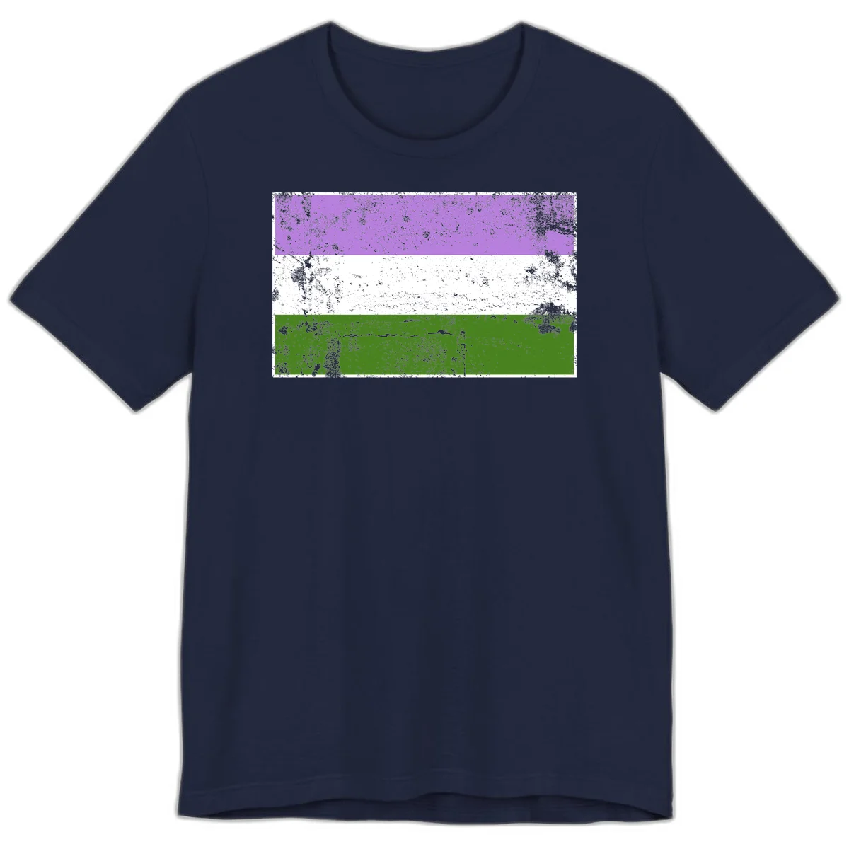 Genderqueer pride flag with purple, white, and green horizontal stripes featuring distressed grunge texture overlay in Navy