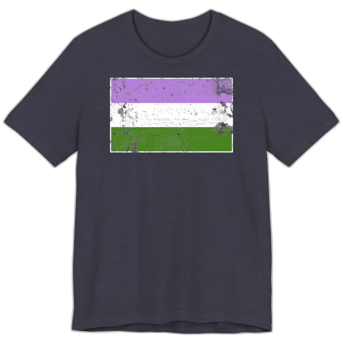 Genderqueer pride flag with purple, white, and green horizontal stripes featuring distressed grunge texture overlay in Heather Midnight Navy