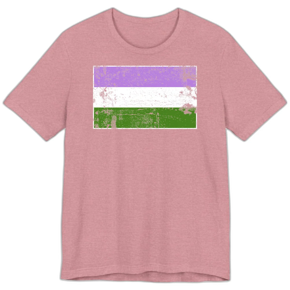 Genderqueer pride flag with purple, white, and green horizontal stripes featuring distressed grunge texture overlay in Heather Orchid