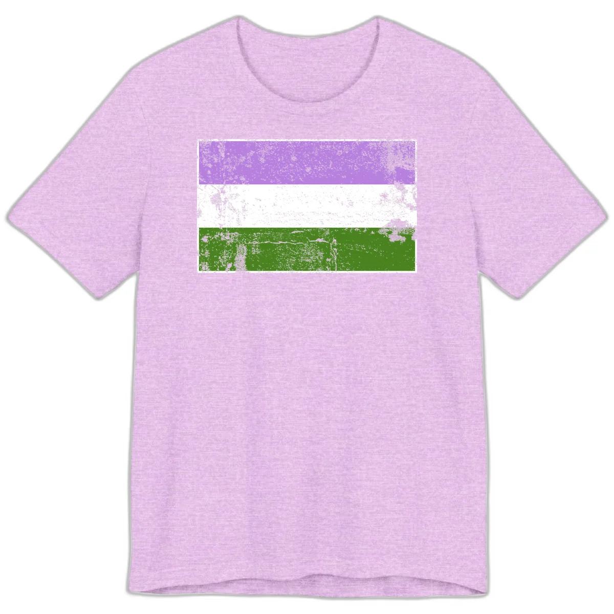Genderqueer pride flag with purple, white, and green horizontal stripes featuring distressed grunge texture overlay in Heather Prism Lilac