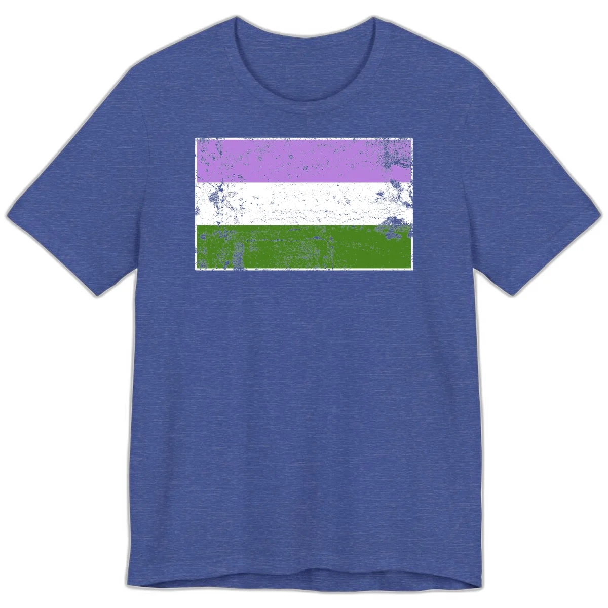 Genderqueer pride flag with purple, white, and green horizontal stripes featuring distressed grunge texture overlay in Heather True Royal