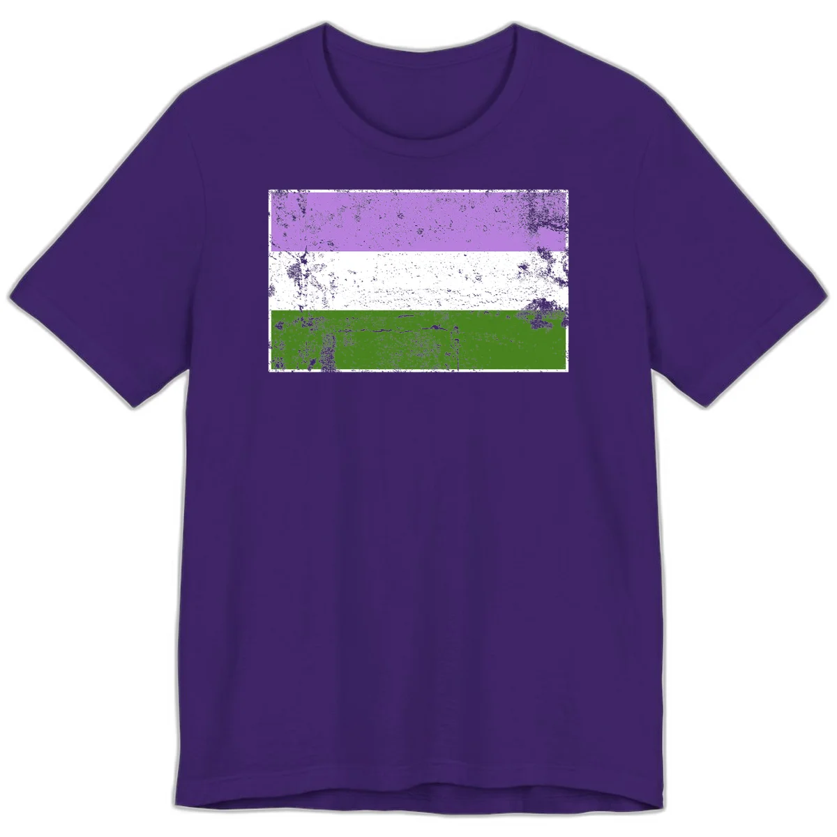 Genderqueer pride flag with purple, white, and green horizontal stripes featuring distressed grunge texture overlay in Team Purple