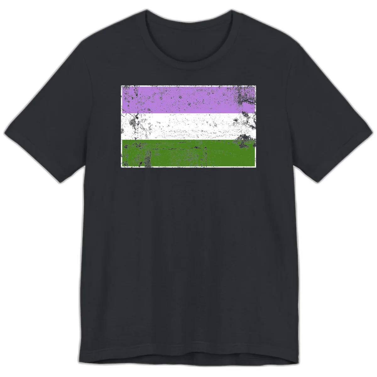 Genderqueer pride flag with purple, white, and green horizontal stripes featuring distressed grunge texture overlay in Vintage Black