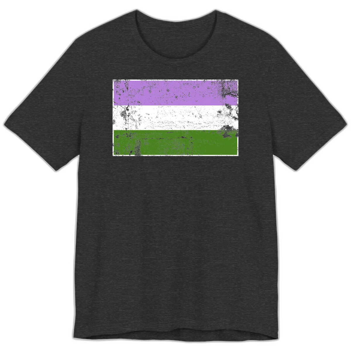 Genderqueer pride flag with purple, white, and green horizontal stripes featuring distressed grunge texture overlay in Dark Grey Heather