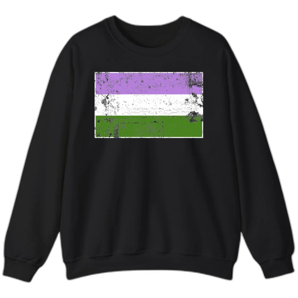 Genderqueer pride flag with purple, white, and green horizontal stripes featuring distressed grunge texture overlay in Black