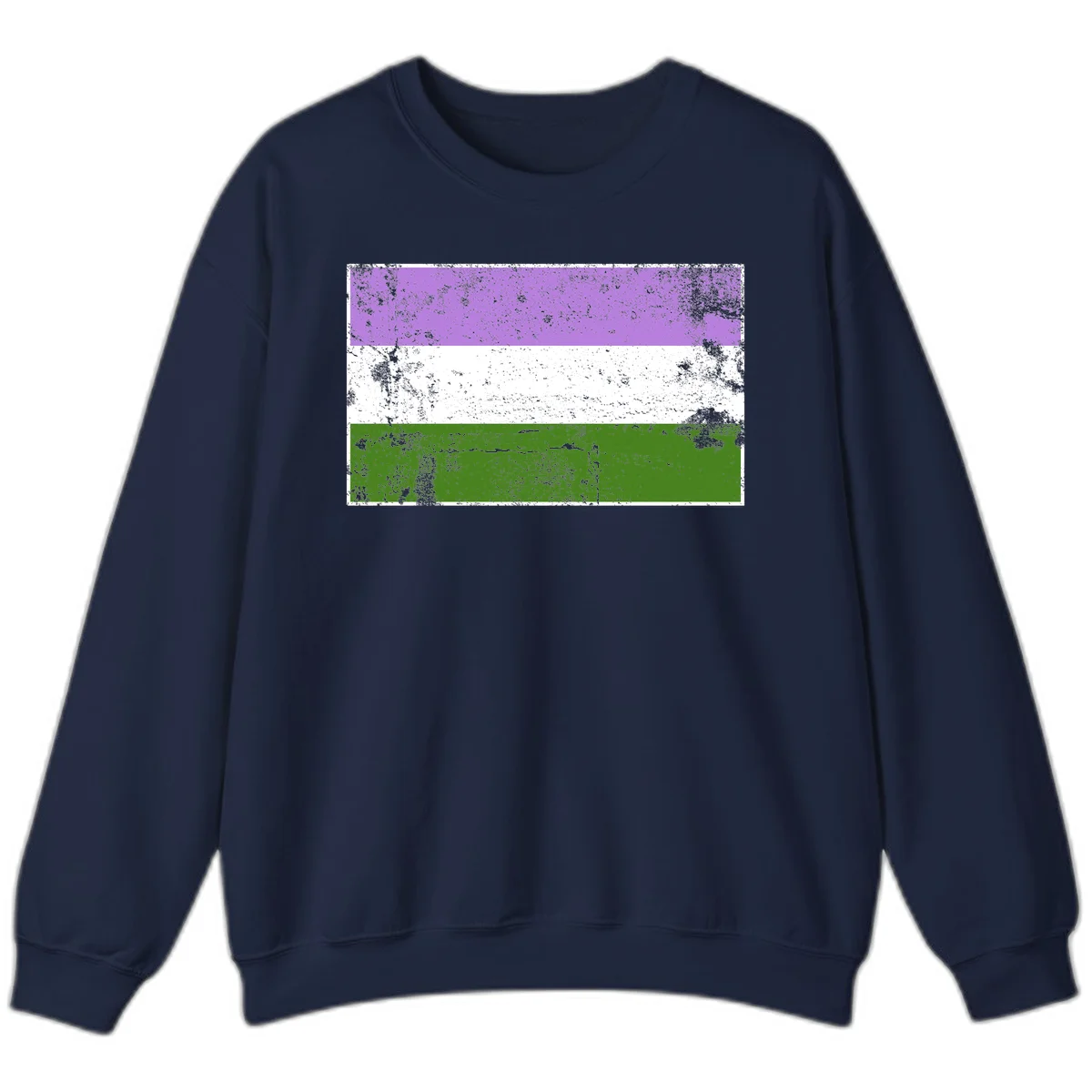 Genderqueer pride flag with purple, white, and green horizontal stripes featuring distressed grunge texture overlay in Navy