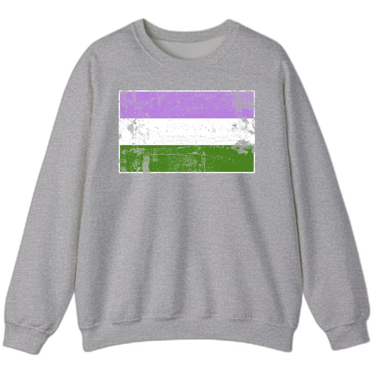 Genderqueer pride flag with purple, white, and green horizontal stripes featuring distressed grunge texture overlay in Sport Grey