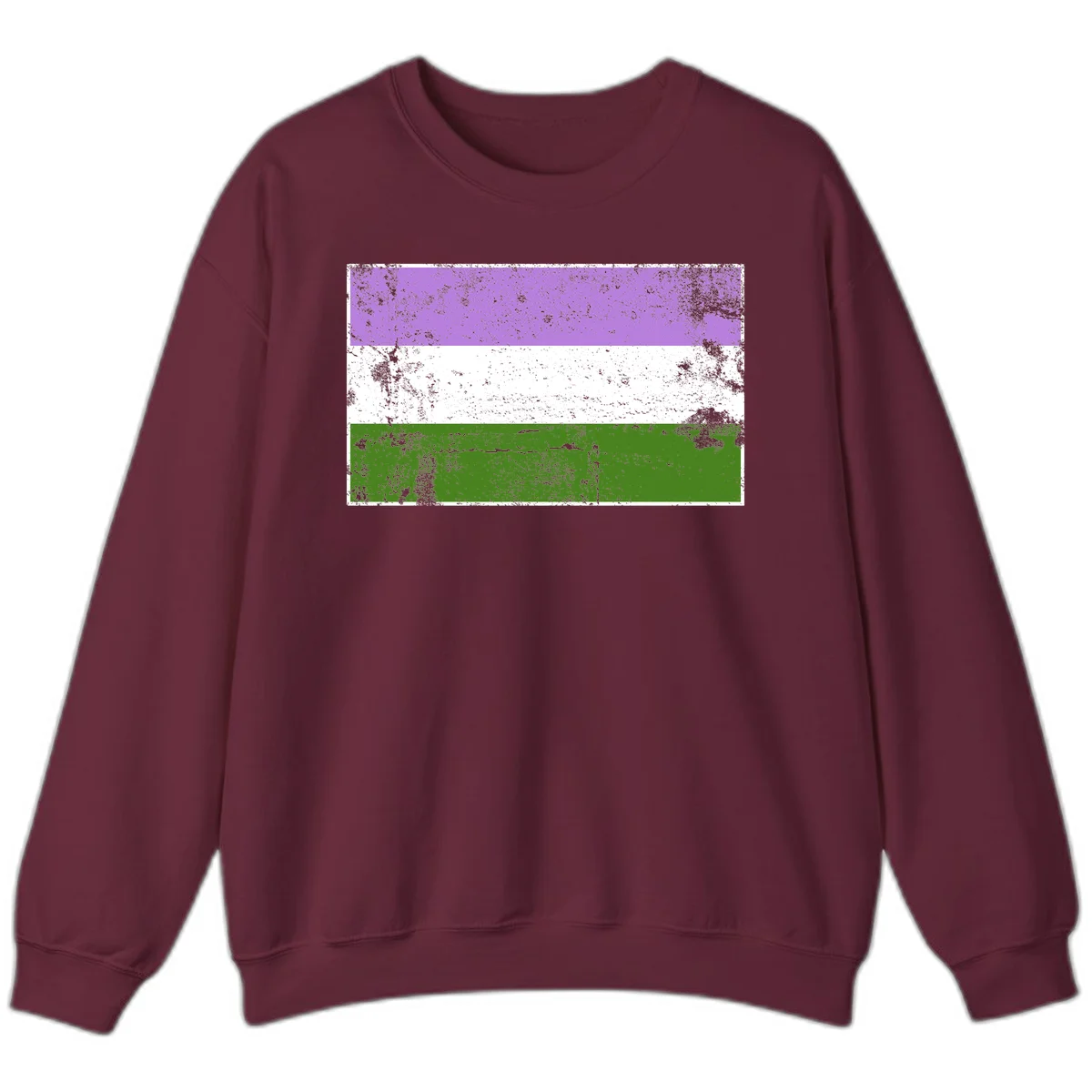 Genderqueer pride flag with purple, white, and green horizontal stripes featuring distressed grunge texture overlay in Maroon