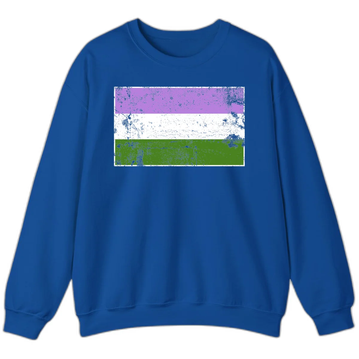 Genderqueer pride flag with purple, white, and green horizontal stripes featuring distressed grunge texture overlay in Royal