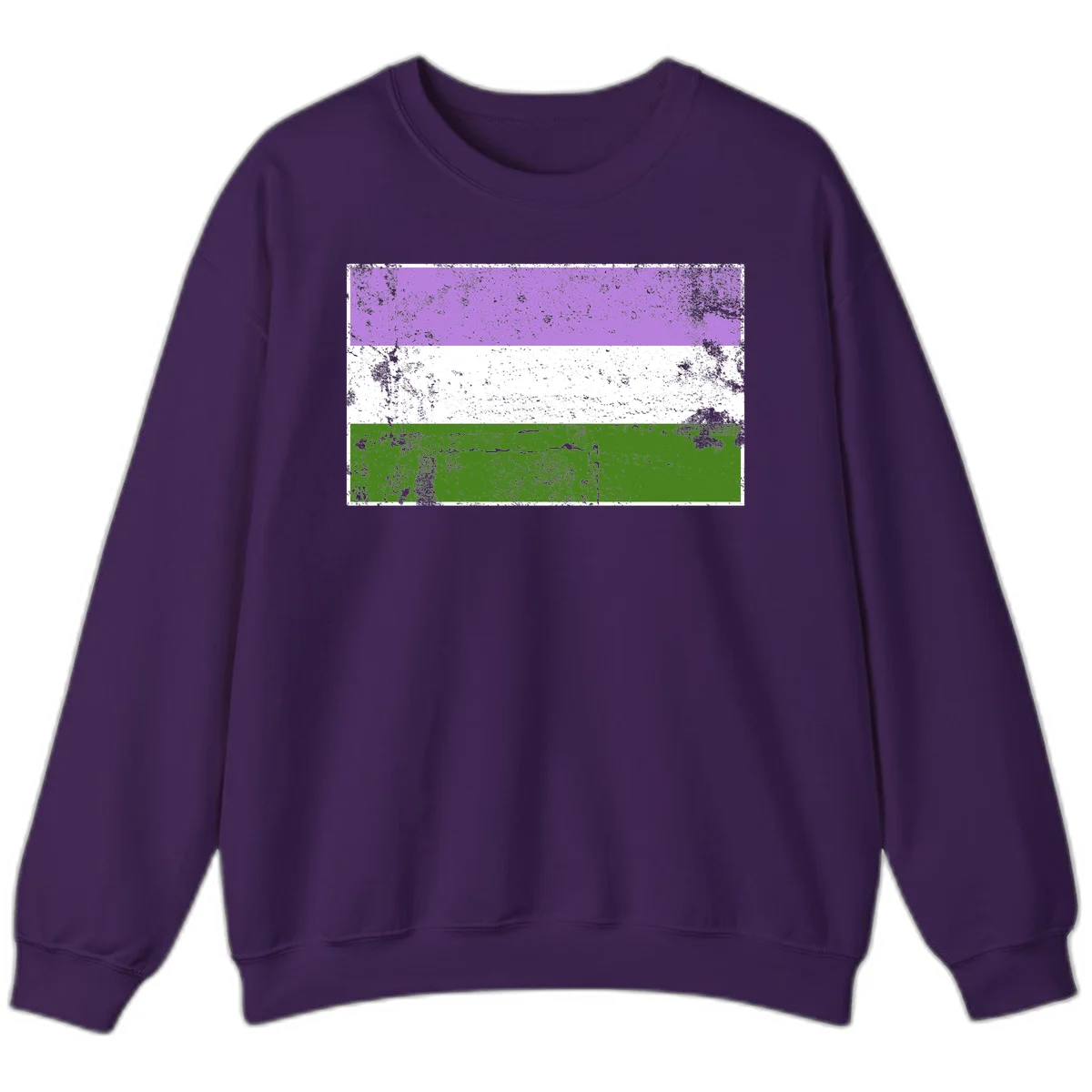 Genderqueer pride flag with purple, white, and green horizontal stripes featuring distressed grunge texture overlay in Purple