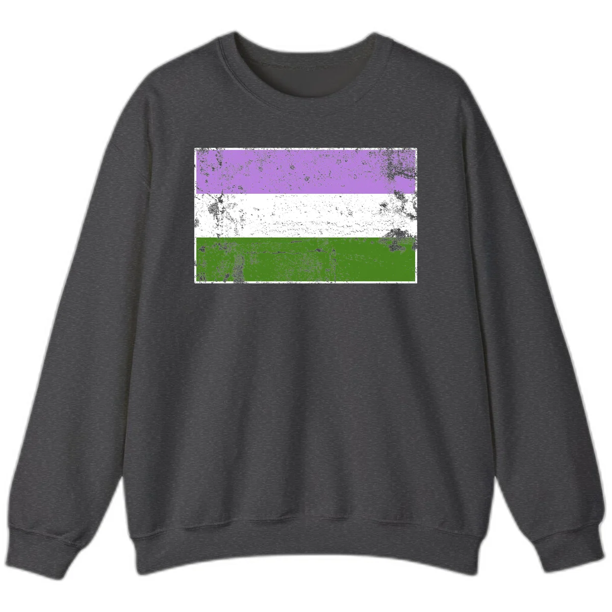 Genderqueer pride flag with purple, white, and green horizontal stripes featuring distressed grunge texture overlay in Dark Heather