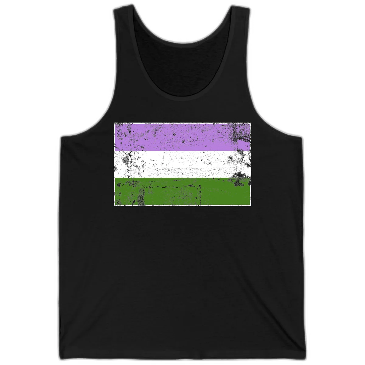 Genderqueer pride flag with purple, white, and green horizontal stripes featuring distressed grunge texture overlay in Black