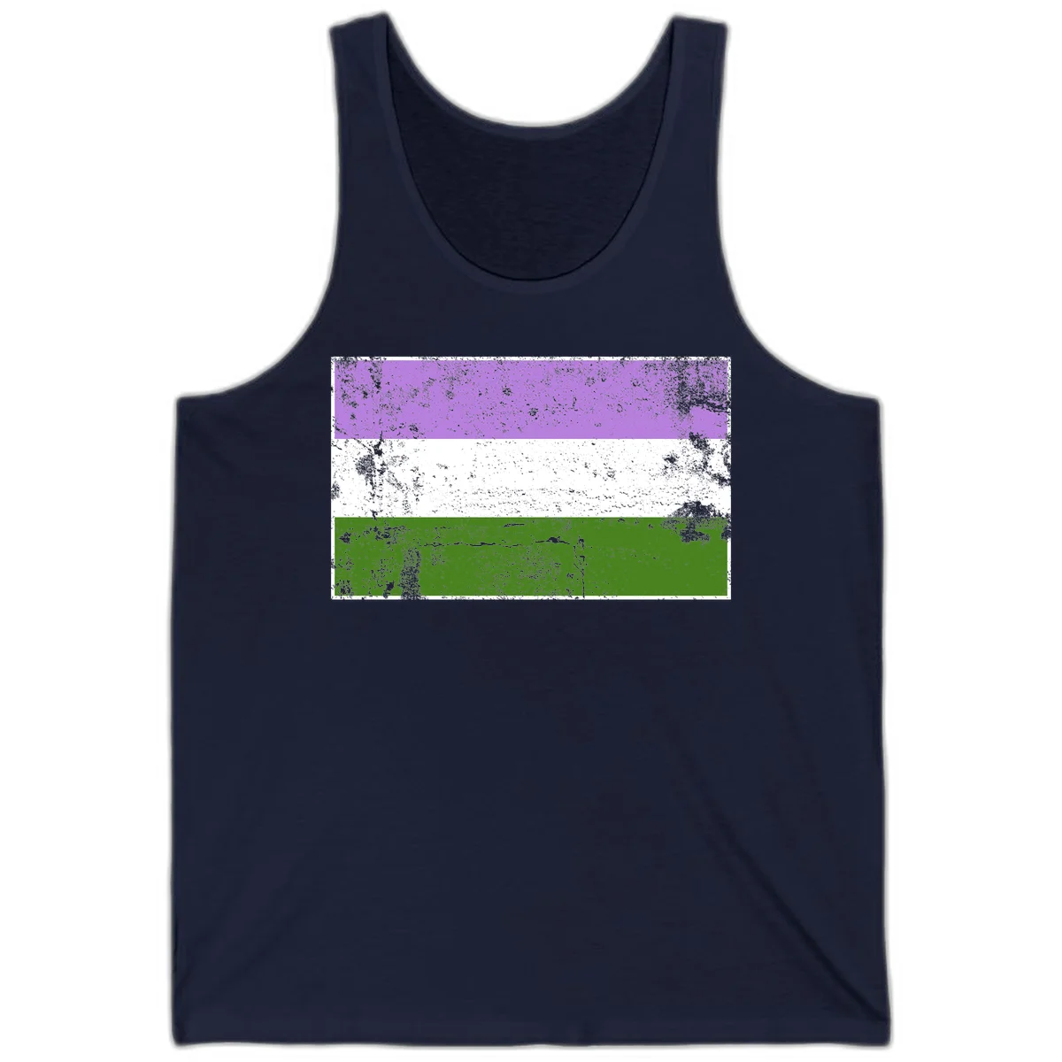 Genderqueer pride flag with purple, white, and green horizontal stripes featuring distressed grunge texture overlay in Navy
