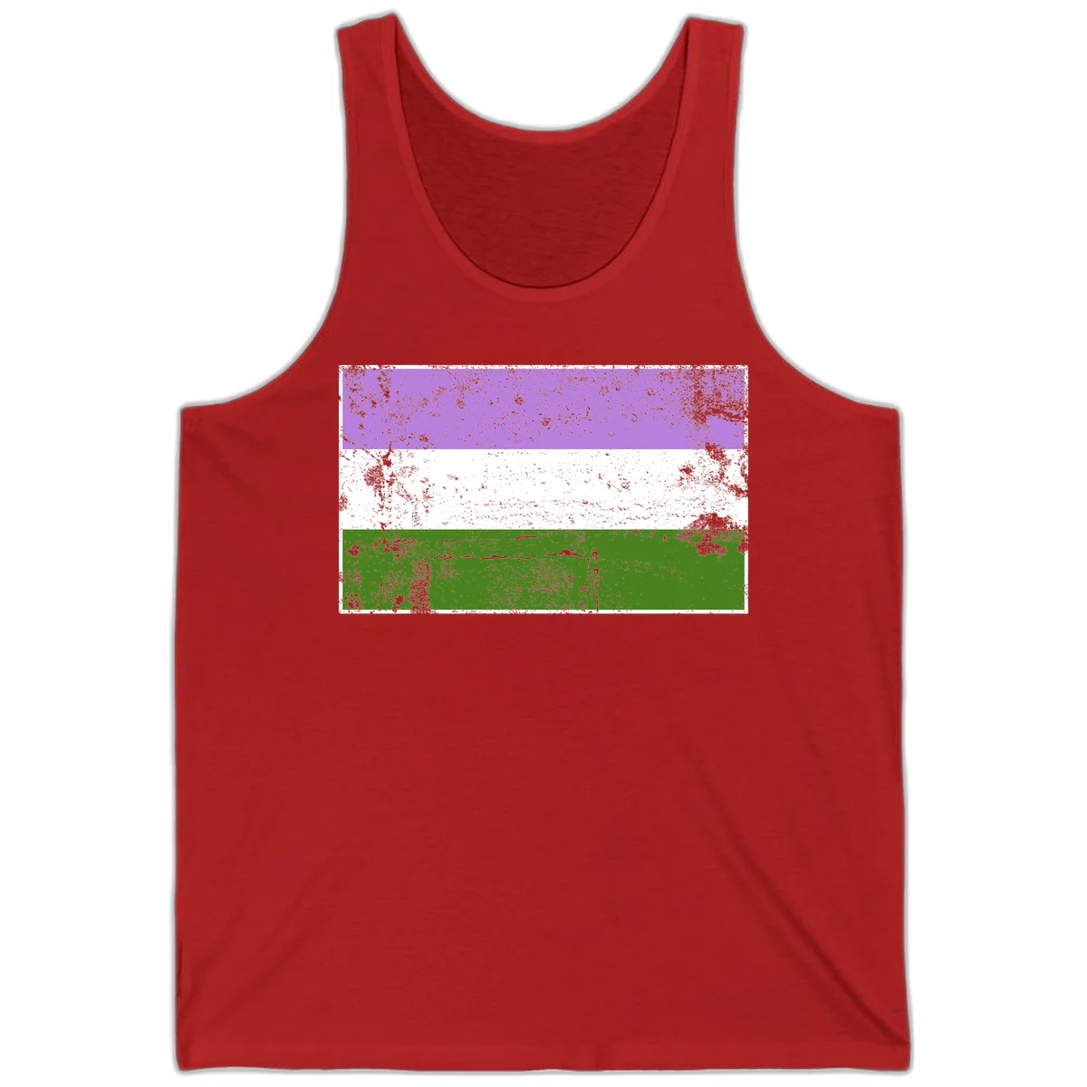 Genderqueer pride flag with purple, white, and green horizontal stripes featuring distressed grunge texture overlay in Red