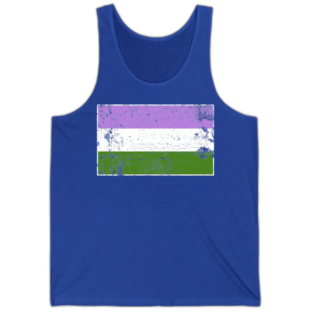 Genderqueer pride flag with purple, white, and green horizontal stripes featuring distressed grunge texture overlay in True Royal