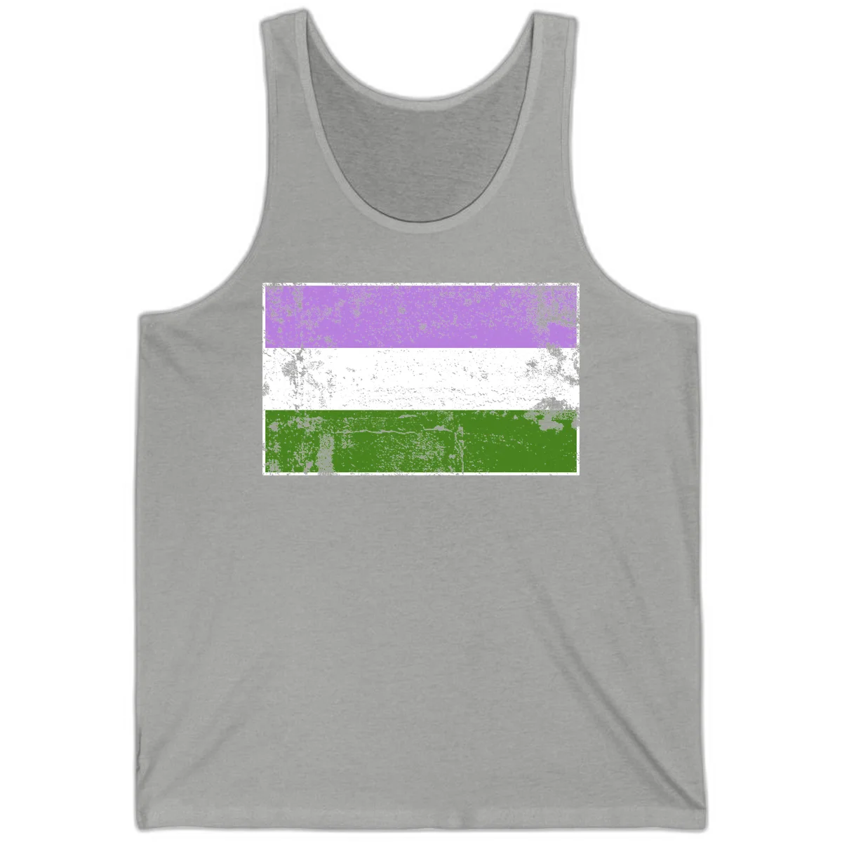 Genderqueer pride flag with purple, white, and green horizontal stripes featuring distressed grunge texture overlay in Athletic Heather