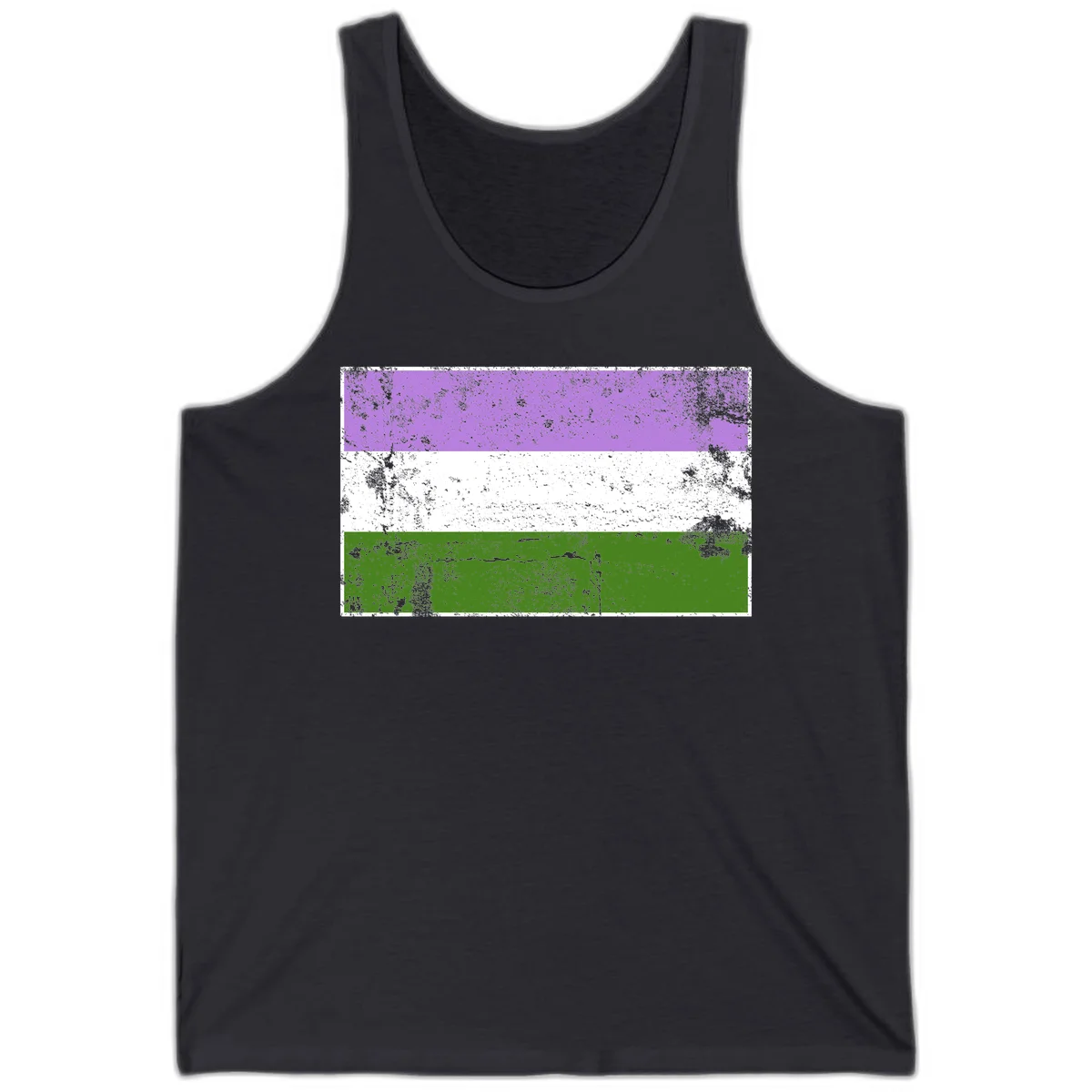 Genderqueer pride flag with purple, white, and green horizontal stripes featuring distressed grunge texture overlay in Dark Grey