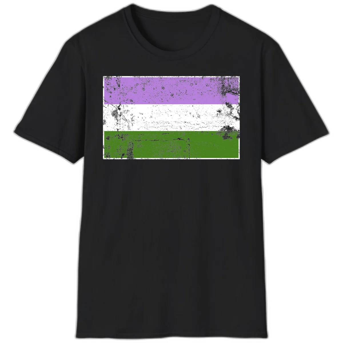 Genderqueer pride flag with purple, white, and green horizontal stripes featuring distressed grunge texture overlay in Black