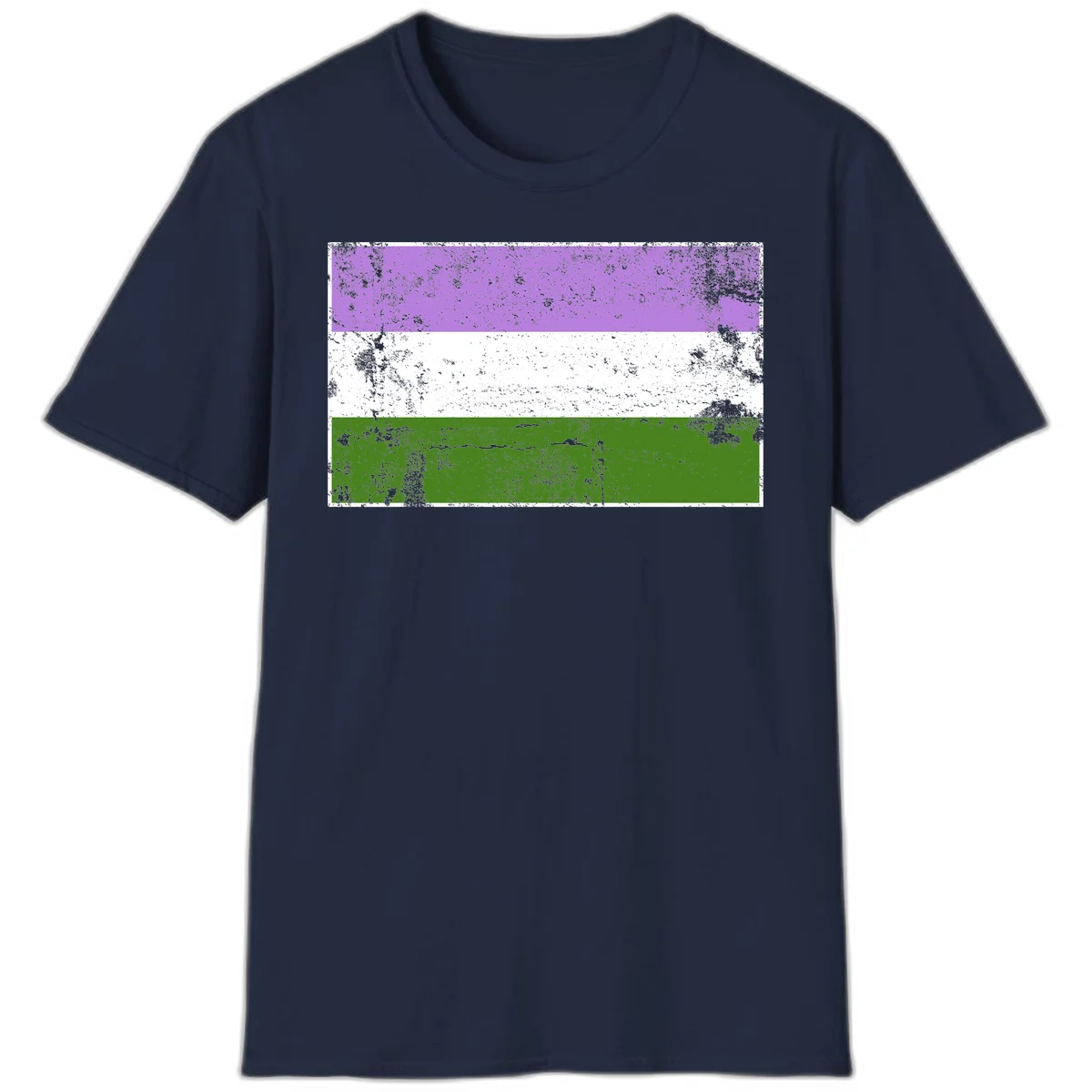 Genderqueer pride flag with purple, white, and green horizontal stripes featuring distressed grunge texture overlay in Navy