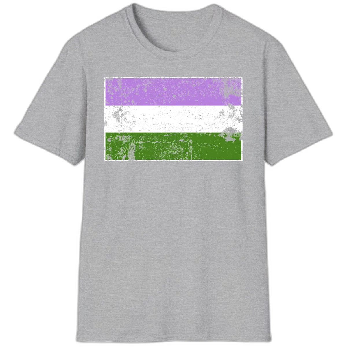 Genderqueer pride flag with purple, white, and green horizontal stripes featuring distressed grunge texture overlay in Sport Grey
